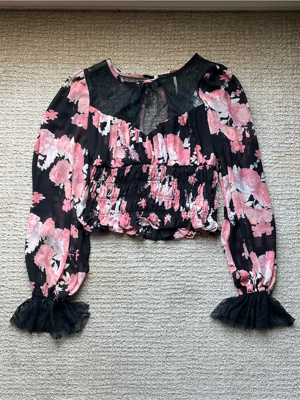 NWT Free People Daphne Floral Lace Smocked Blouse S